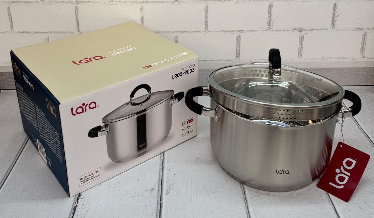 Кастрюля
LARA LR-02-9003
✅ Нержавеющая сталь 18/10
✅ 24*14,5 см. 6,5 литра.